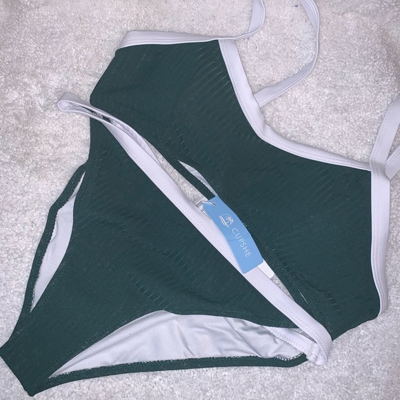 Cupshe Swim Cupshe Green And White Trim Bikini Xl Nwt Poshmark